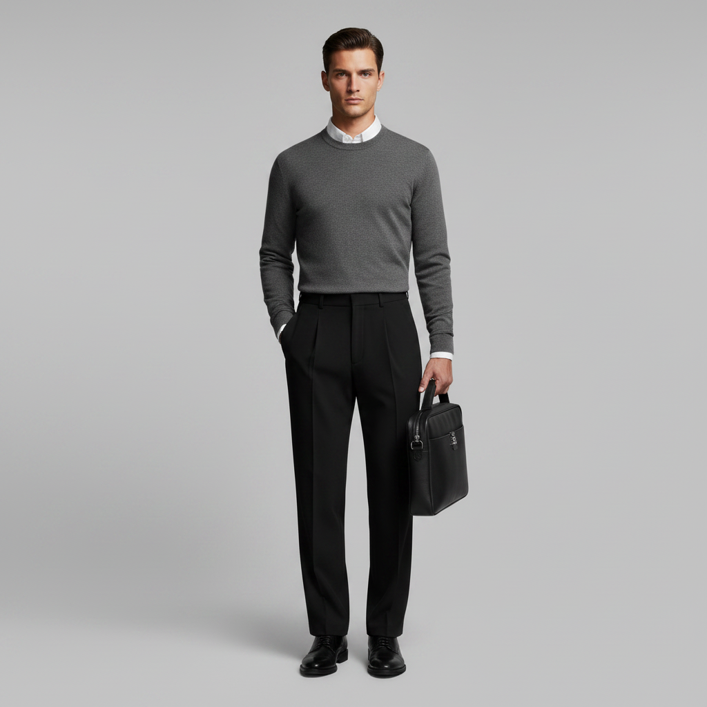 Men's Black Work Pants | Straight Fit Pleated Trousers