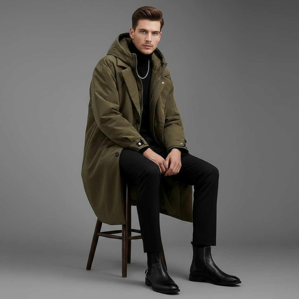 Men's Waterproof Puffer Trench Coat with Hood | Men's Coat