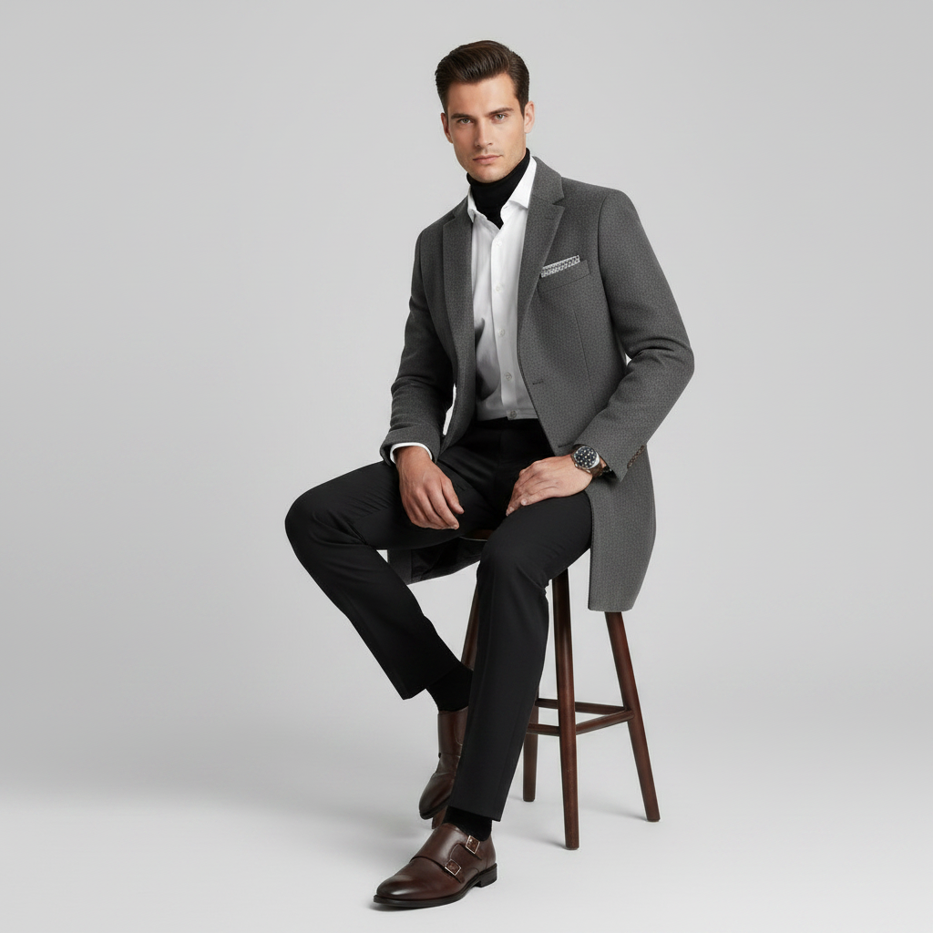 Men's Long Coat | Stylish Notched Lapel Overcoat