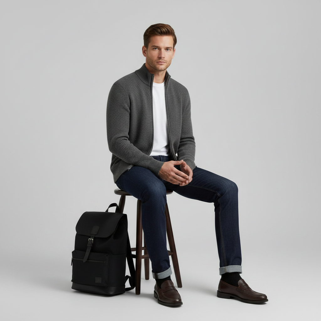 Men's Slim Fit Zip Cardigan | Stylish Ribbed Knit Sweater